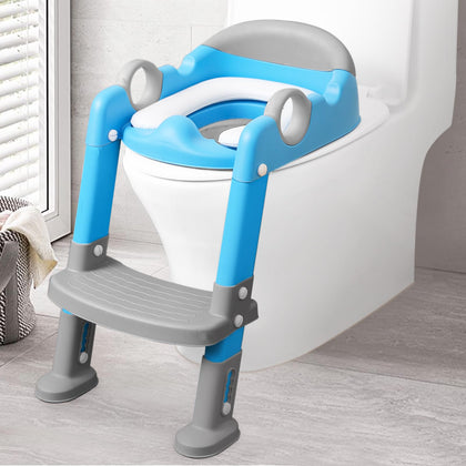 Potty Training Seat with Ladder for Toddler and Kids,Wiifo Sturdy Potty Ladder with Soft Cushion and Splash Guard for Toddler Boys and Girls,Foldable Toddler Toilet Training Seat(Grey Blue)