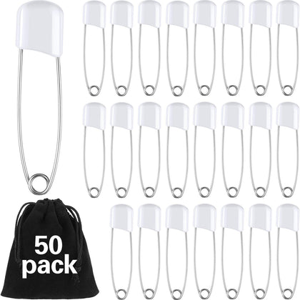 50 Pieces Diaper Pins Baby Safety Pins 2.2 Inch Plastic Head Cloth Diaper Pins with Locking Closures Stainless Steel Nappy Pins with Velvet Bag (White)