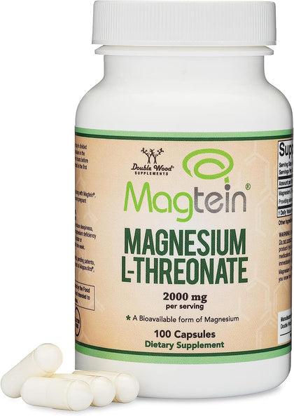 Magnesium L Threonate Capsules (Magtein) - High Absorption Supplement - Bioavailable Form for Sleep and Cognitive Function Support - 2,000 mg - 100 Capsules