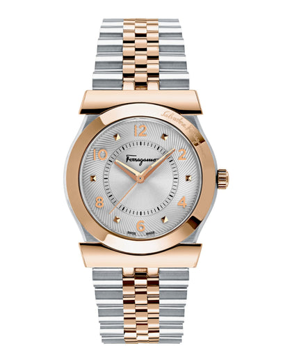 Ferragamo Womens Swiss Made Watch Vega Collection Featuring Two Tone Stainless Steel and Rose Gold 5 Link Bracelet with Two Tones with Sophisticated Minimalist Grey Dial and Stainless Steel Rose Gold