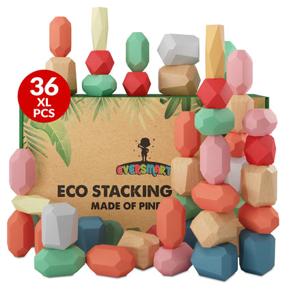 EVERSMART 36 Pcs Wooden Stacking Blocks - Montessori Toys for 1 2 3 4 5 6 Year Old Toddlers and Kids, XL Rocks, No Choking Hazard - Sensory STEM Building Stones, Girl or Boy Birthday Gifts