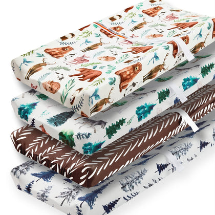 4 Pack Changing Pad Covers Woodland Forest Animals Wood Neutral Unisex Fitted Baby Changing Pad Cover Set for Baby Boys or Girls