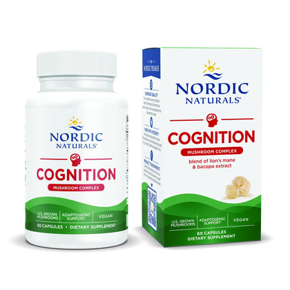 Nordic Naturals Cognition Mushroom Complex, Unflavored - 60 Capsules - Brain, Memory & Mood Support - Blend of Lions Mane Mushroom & Bacopa Extract - Non-GMO - Certified Vegan - 30 Servings