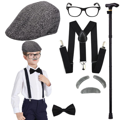 Yilitazaro 1920s Old Man Costume Set Boys Halloween Cosplay Accessories with Newsboy Hat, Cane, Eyebrows, Suspenders for Kids