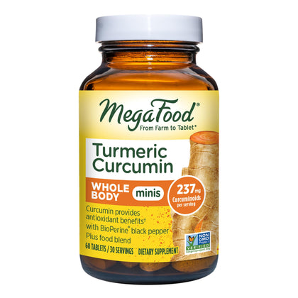 MegaFood Turmeric Curcumin Minis - Turmeric Curcumin with Black Pepper - Turmeric Supplement with Vitamin C and Black Pepper Extract - Non-GMO, Made Without 9 Food Allergens - 60 Tabs (30 Servings)
