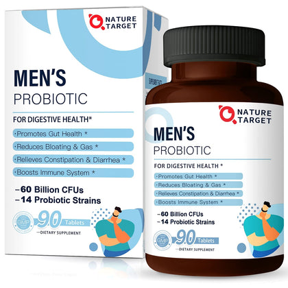 NATURE TARGET Probiotics for Men with Men Care Supplement, Prebiotics & Probiotic for Men's Digestive and Immune Health,60 Billion CFUs & 14 Strains Shelf Stable, Gluten & Soy Free (90 Tablets)