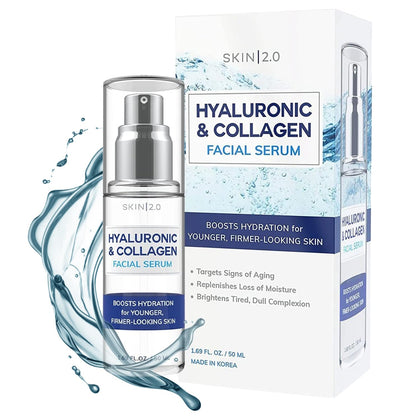 Skin 2.0 Hyaluronic Acid and Collagen Face Serum - Locks in Moisture, Skin Firming & Tightening, Anti-aging, Hydrating Facial Serum - Cruelty Free Korean Skin Care For All Skin Types - 1.69 Fl. oz