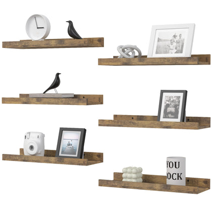 DOLLFIO Floating Shelves Set of 6, Farmhouse Wall Shelves with Lip, Display Shelves for Wall Decor, Rustic Picture Ledge for Living Room, Bedroom, Nursery, Bathroom, Pictures, Books, Plants- Brown