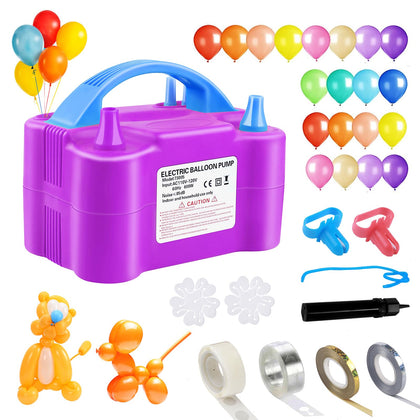 Balloon Pump,Dual Nozzles Electric Balloon Pump with 100 Balloons, Balloon Inflator Air Pump Balloon Blower with Tying Tool, Colored Ribbons for Party Birthday Wedding Festival Decoration(Purple)