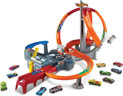 Hot Wheels Toy Car Track Set Spin Storm, 3 Intersections for Crashing & Motorized Booster, 1:64 Scale Car
