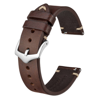 BISONSTRAP Men's Watch Bands, Hand-Stitched Leather Watch Straps, Quick Release, 20mm, Coffee Brown with Silver Buckle