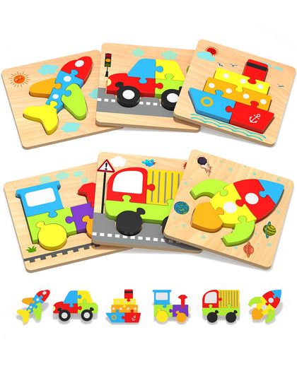 Yetonamr Wooden Toddler Puzzles Gifts Toys for 1 2 3 Years Old Boys Girls, 6 Vehicle Shape Montessori Toys Educational Blocks Stocking Stuffers Kids Toys Gift Baby Learning Toy Age 1-3, 2-4