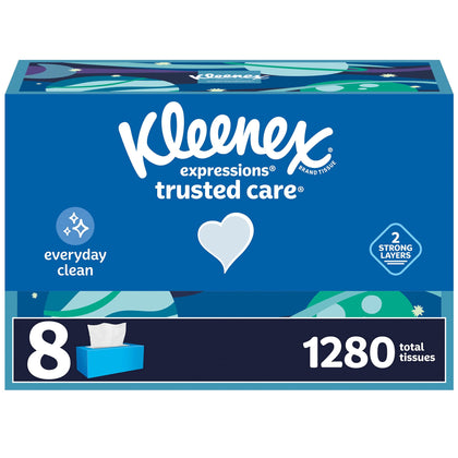 Kleenex Expressions Trusted Care Facial Tissues, 8 Flat Boxes, 160 Tissues per Box, 2-Ply (1,280 Total Tissues), Packaging May Vary