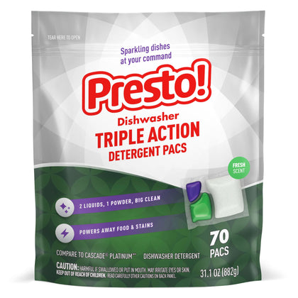 Amazon Brand - Presto! Triple Action Dishwasher Pacs, Fresh Scent, 70 Count