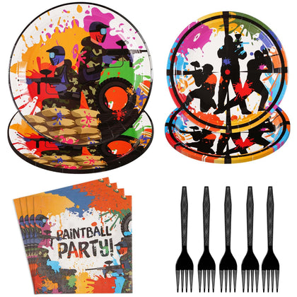 Grencian 96pcs Paintball Paper Plates and Napkins Sets, Paintball Neon Party Decorations Plates Supplies Tableware for Kids