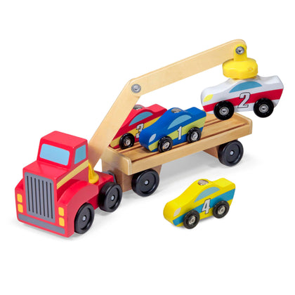 Melissa & Doug Magnetic Car Loader Wooden Toy Set With 4 Cars and 1 Semi-Trailer Truck - Crane Wooden Toy, Vehicle Toys For Kids Ages 3+