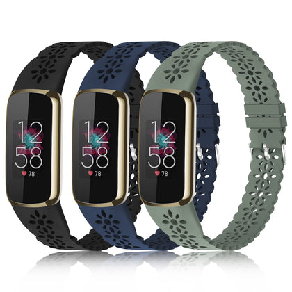 3 Pack Slim Sport Bands Compatible with Fitbit Luxe Band for Women, Soft Silicone Lace Thin Hollow-Out Replacement Wristbands Breathable Bands for Fitbit Luxe Fitness Smart Watch
