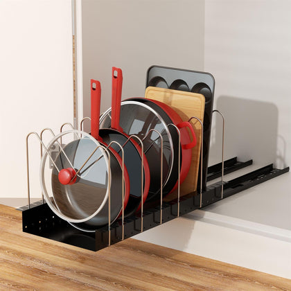Pull Out Pots and Pans Organizer for Cabinet - Sliding Lid Holder and Pan Rack in Kitchen, Cabinet Pull Out Shelves, Slide Out Cabinet Organizer, Pot Lid, Bakeware and Pan Organizer, 16.5