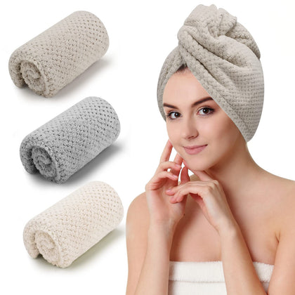 CZZXI 3 PCS Microfiber Hair Towel, Hair Wraps for Women Wet Hair, Fast Drying Hair Turban, Anti Frizz Head Towels Wrap for Curly Hair (Beige, Khaki, Grey)