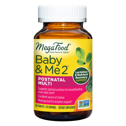 MegaFood Baby & Me 2 Postnatal Vitamins for Breastfeeding Moms with Folate (Folic Acid Natural Form), Choline, Iodine, Vitamin D, Moringa Leaf and More - 60 Tabs (30 Servings)