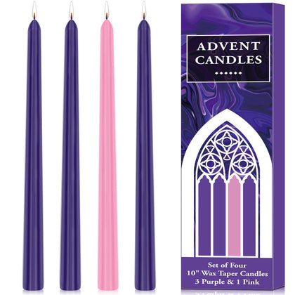 Perkisboby 4Pack Christmas Advent Taper Candle, 8 Hour Burn, Unscented, 10 Inch Dripless Taper Candles for Christmas, Party, Church, Celebration, Home Décor - 3 Purple & 1 Pink
