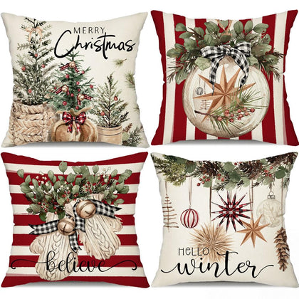 DFXSZ Christmas Pillow Covers 18x18 inch Set of 4 Christmas Tree Gloves Hello Winter Decorative Red White Stripe Throw Pillow Covers Winter Farmhouse Decoration for Home Couch 134