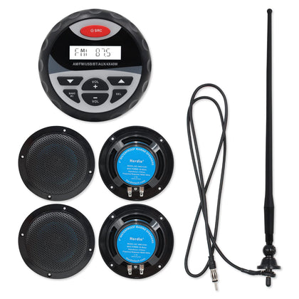 Herdio Marine Receiver Set-AM FM Radio and 4 inch Waterproof Speakers(2 Pairs)+Black Antenna for Boat Yacht ATV UTV