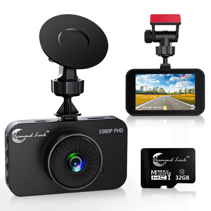 1080P Full HD Dash Camera for Cars, Diamond Lark Dash Cam Front with 32G SD Card, 3LCD Screen, 170°Wide Angle, Dashboard DashCam with Loop Recording, HDR, Night Vision, G-Sensor, Parking Monitor