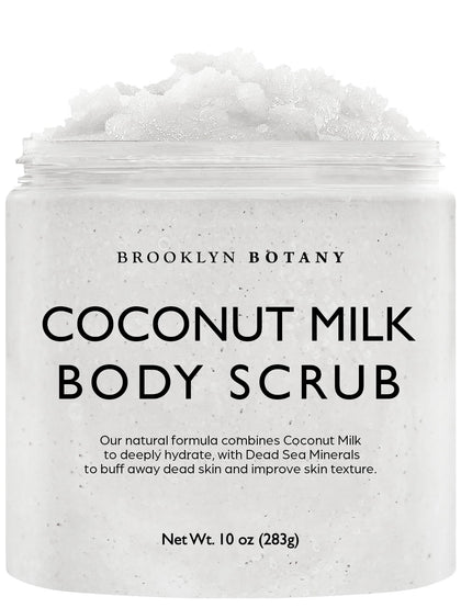 Brooklyn Botany Dead Sea Salt and Coconut Milk Body Scrub - Moisturizing and Exfoliating Body, Face, Hand, Foot Scrub - Fights Stretch Marks, Fine Lines, Wrinkles - Great Gifts for Women & Men - 10 oz