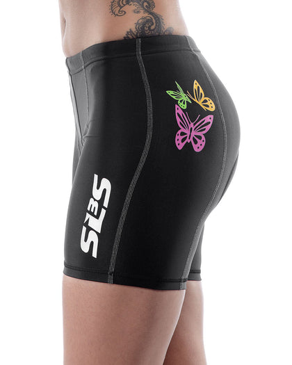 SLS3 Triathlon Shorts Women - FRT Tri Shorts Women Triathalon Shorts - Slim Athletic Fit Womens Tri Shorts, Padded (Black/Butterflies, Medium)