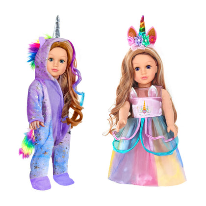WONDOLL 2-Sets 18-inch Doll-Clothes Set - Unicorn Clothes with Hair Clip and Headband - Compatible with All 18 inch Dolls Accessories for Kids-Purple