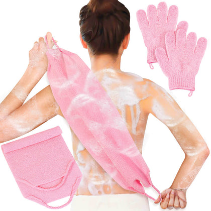 anezus Exfoliating Shower Bath Gloves Back Scrubber Set for Body, Face, Shower, Bath, Scrub and Exfoliator (Pink)
