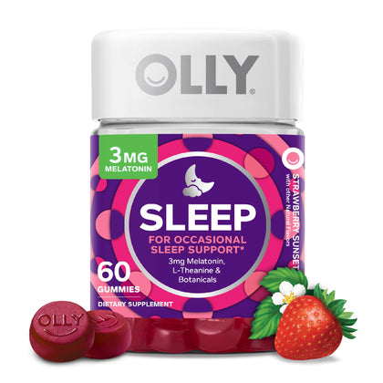 OLLY Sleep Gummy, Occasional Sleep Support, 3 mg Melatonin, L-Theanine, Chamomile, Lemon Balm, Sleep Aid, Strawberry, 60 Count (Pack of 1)