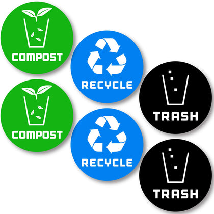 6 Pack Recycle Logo and Trash can Sticker to Organize Your Trash - for Trash cans, Garbage containers and Recycle Bins - Premium Vinyl Decal (Compost, Small)