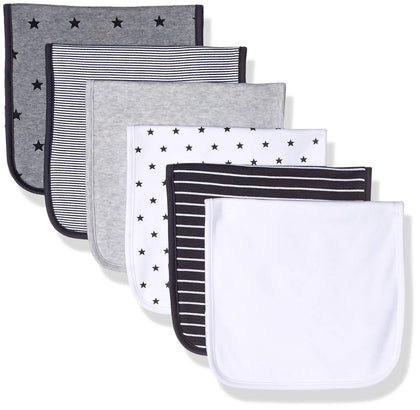 Amazon Essentials Unisex Kids' Burp Cloths, Pack of 6, Black Stripe/Grey Stars/White, One Size