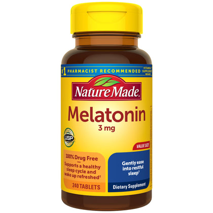 Nature Made Melatonin 3mg Tablets, 100% Drug Free Sleep Aid for Adults, 240 Tablets, 240 Day Supply