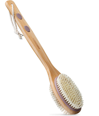 MainBasics Back Scrubber for Shower Long Handle Back Brush Dual-Sided with Exfoliating and Soft Bristles (Lavender, Wood)