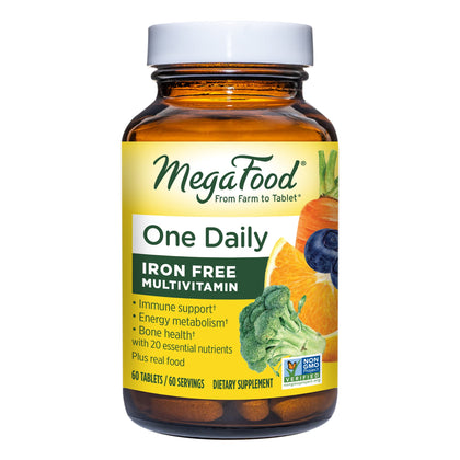 MegaFood One Daily Iron Free Multivitamin - Multivitamin for Women and Men - with Real Food - Immune Support Supplement - Bone Health - Energy Metabolism - Vegetarian; Non-GMO; No Iron - 60 Tablets