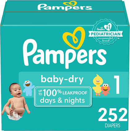 Pampers Baby Dry Diapers - Size 1, 252 Count, Absorbent Disposable Diapers