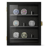 TJ.MOREE Championship Ring Display Case, 9 Ring Posts Baseball Ring Display Case, 8 x 10 Wall Mount Wooden Glass Shadow Box with Locks to Show Sport, Class, Fraternity, and Award Rings - Black