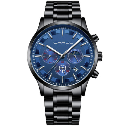 CRRJU Brand Men's Business Casual Chronograph Quartz Waterproof Wristwatch Black Stainless Steel Strap (Black Rose)