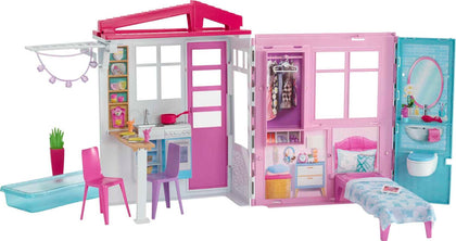 Barbie Dollhouse, Portable 1-Story Playset with Pool and Accessories, for 3 to 7 Year Olds (Amazon Exclusive)