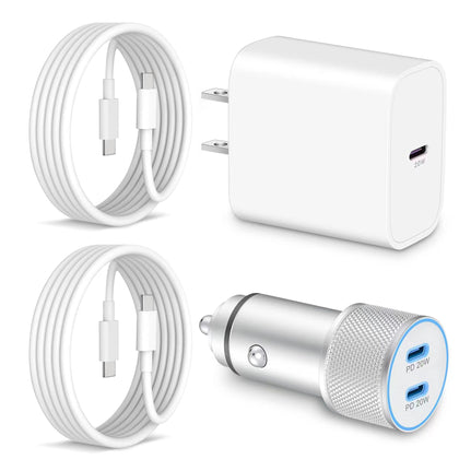 iPhone 15 Car Charger Fast Charging, 20W USB C Charger Block + 2 x 3FT USB-C to C Cable + 40W Dual USB C Car Adapter Power Cigarette Lighter Charger for iPhone 15/15 Plus/15 Pro Max, iPad, Pixel 8/7/6