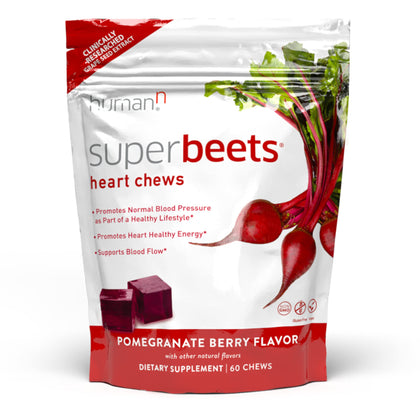 humanN SuperBeets Heart Chews - Nitric Oxide Production and Blood Pressure Support - Grape Seed Extract & Non-GMO Beet Energy Chews - Pomegranate Berry Flavor - 60 Count