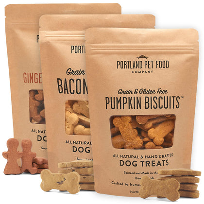 Portland Pet Food Company All-Natural Dog Treats - Healthy Snacks for Dogs Multipack - Grain Free Dog Treats w/Bacon, Gingerbread & Pumpkin Flavors - Gluten-Free, Human-Grade Biscuits - 3 x 5 oz Bags
