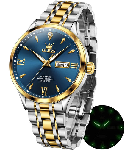 OLEVS Watches for Men Automatic Self Winding Two Tone Mechanical Stainless Steel Luxury Business Calendar Waterproof Luminous Wrist Watch Gold Blue