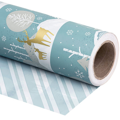 WRAPAHOLIC Reversible Christmas Wrapping Paper - Mini Roll - 17 Inch X 33 Feet - Blue and White Reindeer Family Holiday Landscape and Stripe Design for Holiday, Party, Celebration