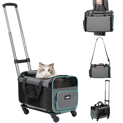 Rolling Pet Carrier with Wheels, Foldable Airline Approved Dog Carriers for Small Dogs and Cats, Cat Carrier on Wheels, Pet Travel Carrier for Flight Camping Outdoor