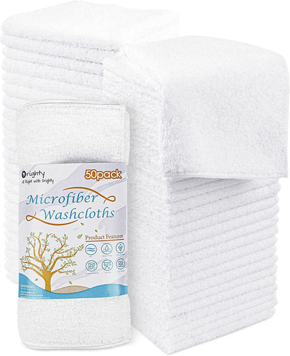 Orighty Microfiber Washcloths Towels Set 50 Pack, Highly Absorbent and Soft Feel Face Cloths, Multi-Purpose Wash Cloths for Bathroom, Hotel, Spa, and Gym, 12x12 Inch
