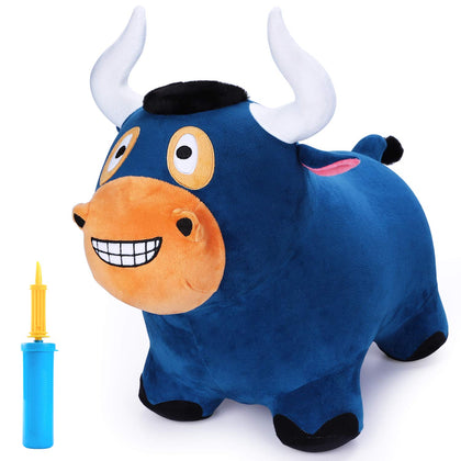 iPlay, iLearn Bouncy Pals Bull Hopper Toy, Toddler Plush Bouncing Horse, Kids Inflatable Ride Farm Animal Bouncer W/Pump, Indoor Outdoor Hopping, Birthday Gift for 18 24 Month 2 3 4 Year Old Boy Girl